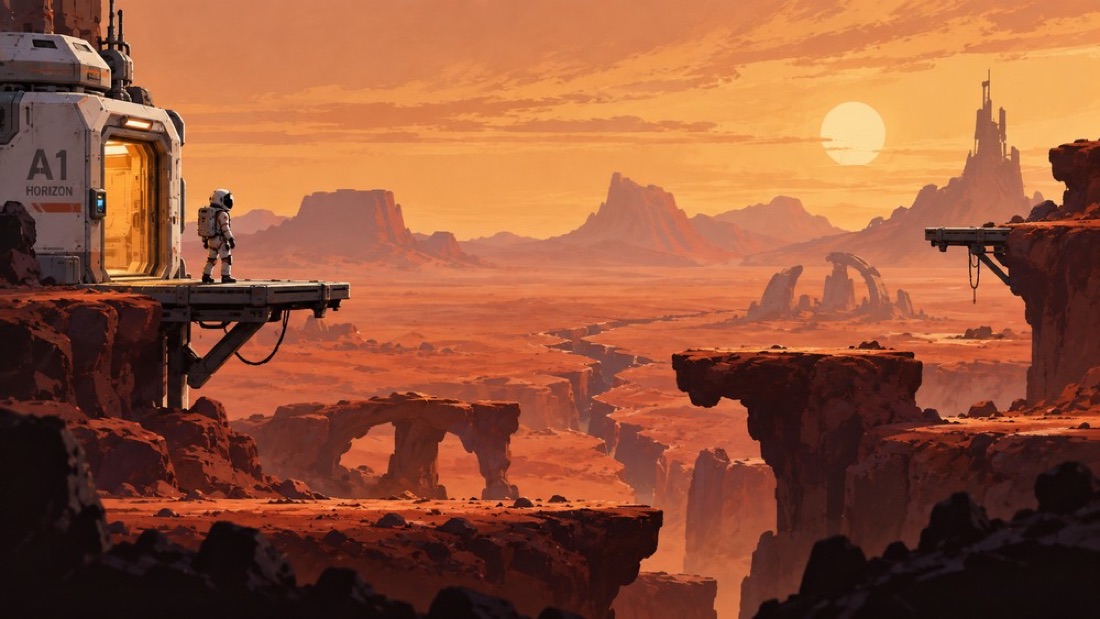 DeepSol concept art: an astronaut on a cliff above an orange Martian canyon, beside a metal airlock