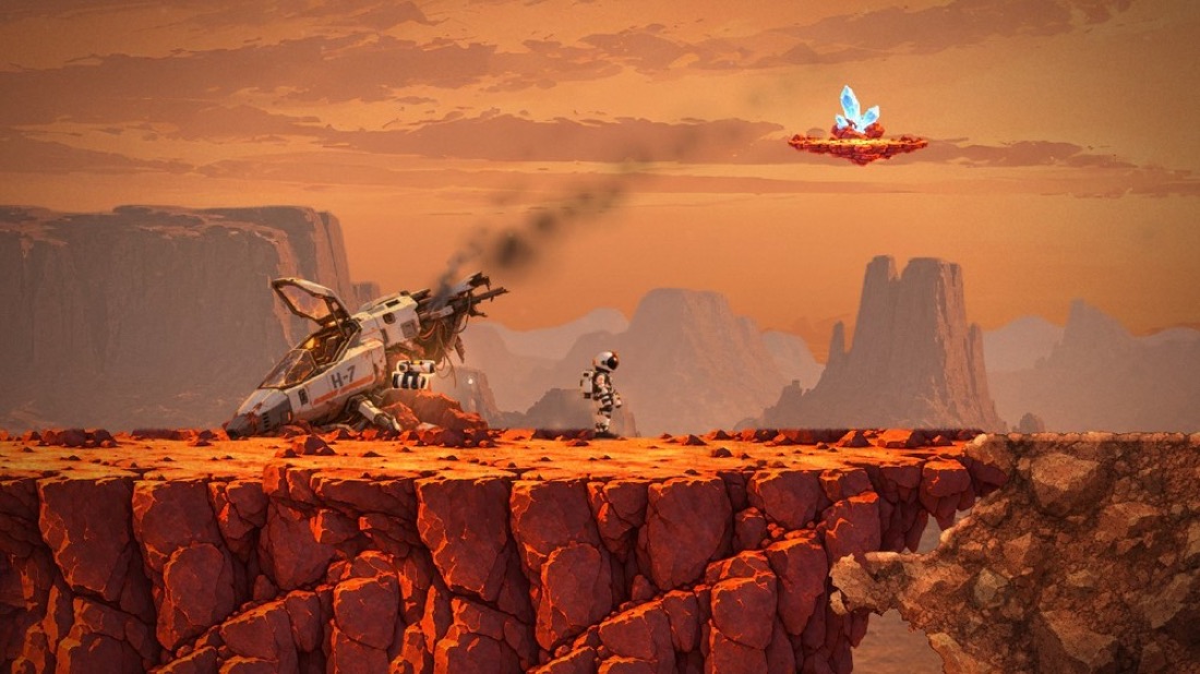 DeepSol in game: the astronaut beside a crashed ship on a painted red rock ledge, matching the concept’s palette and mood