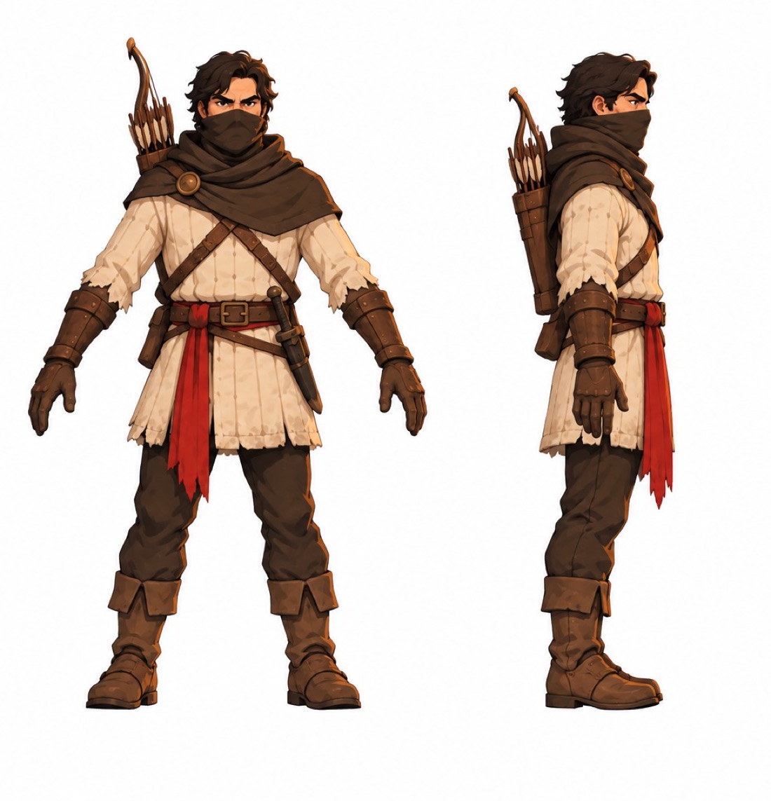 The Exiled King hero concept turnaround, front and side views, with a red sash and a bow on his back
