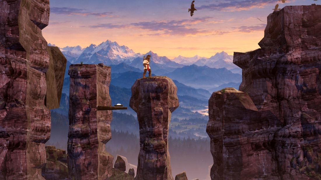 The Exiled King final canyon: the king on a rock pillar with an eagle nest on a branch and an eagle overhead
