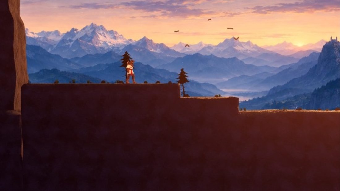 The Exiled King early canyon: flat box-shaped rocks against a mountain backdrop