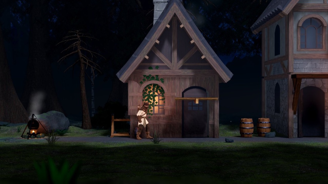 The Exiled King forest village at night: the king beside a timber house built from a free asset pack