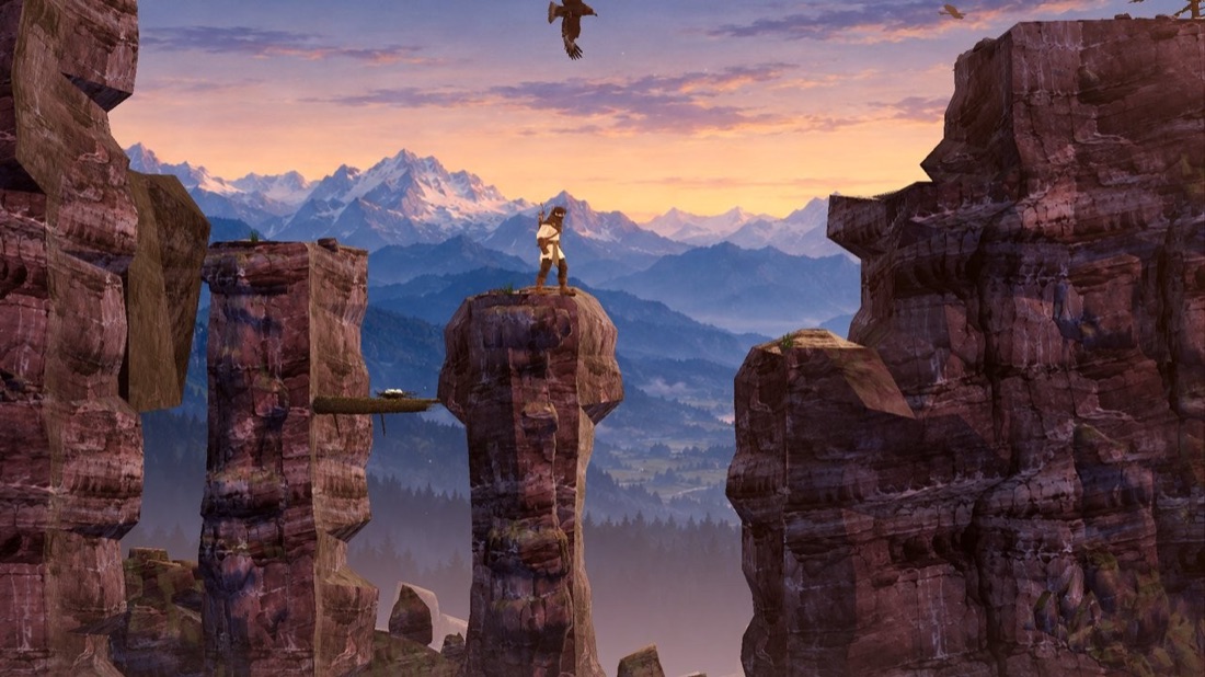Final canyon: the same jumps on carved rock pillars with an eagle overhead