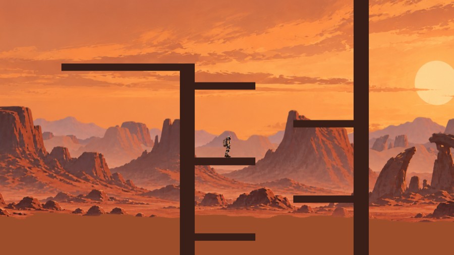 DeepSol’s first build: a small astronaut standing on plain dark brown bars used as platforms, in front of a painted orange desert.